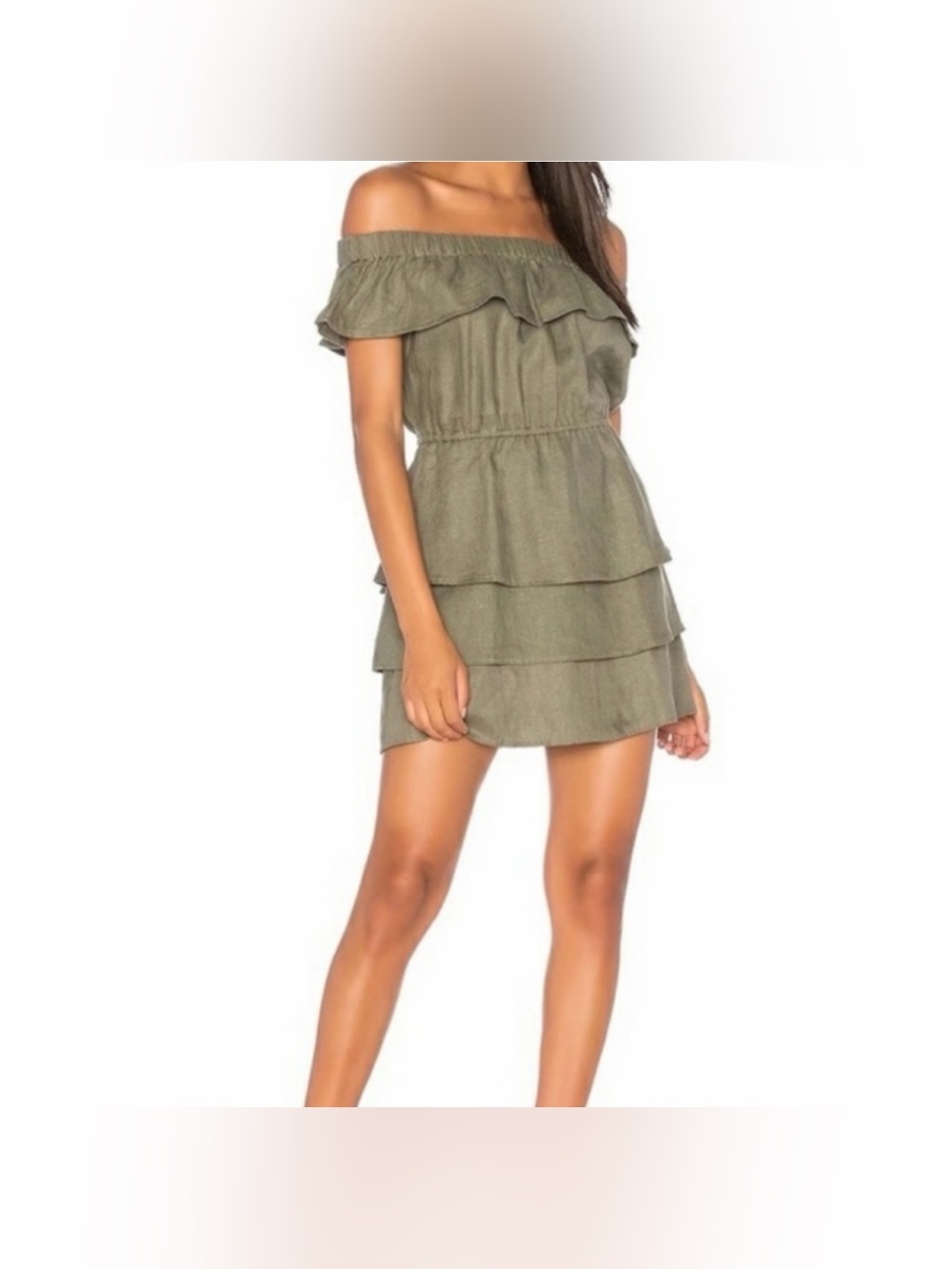 SIR The Label Stefi Dark Olive linen Off-the-Shoulder Ruffle Mini Dress XS-S